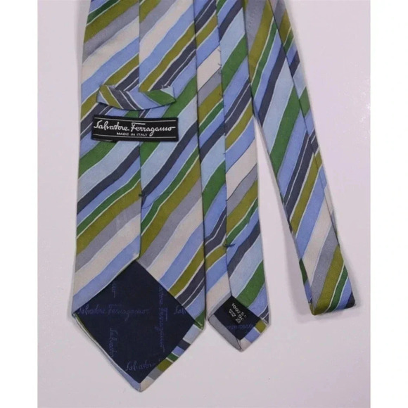 Salvatore Ferragamo Blue-Green Striped Silk Necktie Tie - Picture 4 of 8